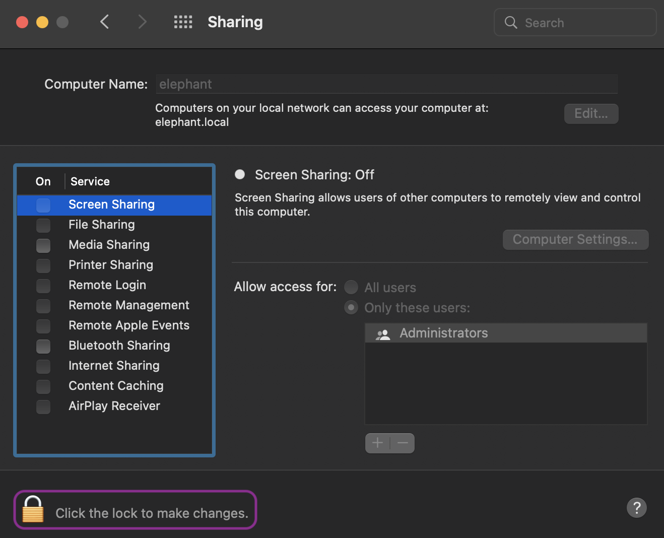 Sharing preferences pane locked