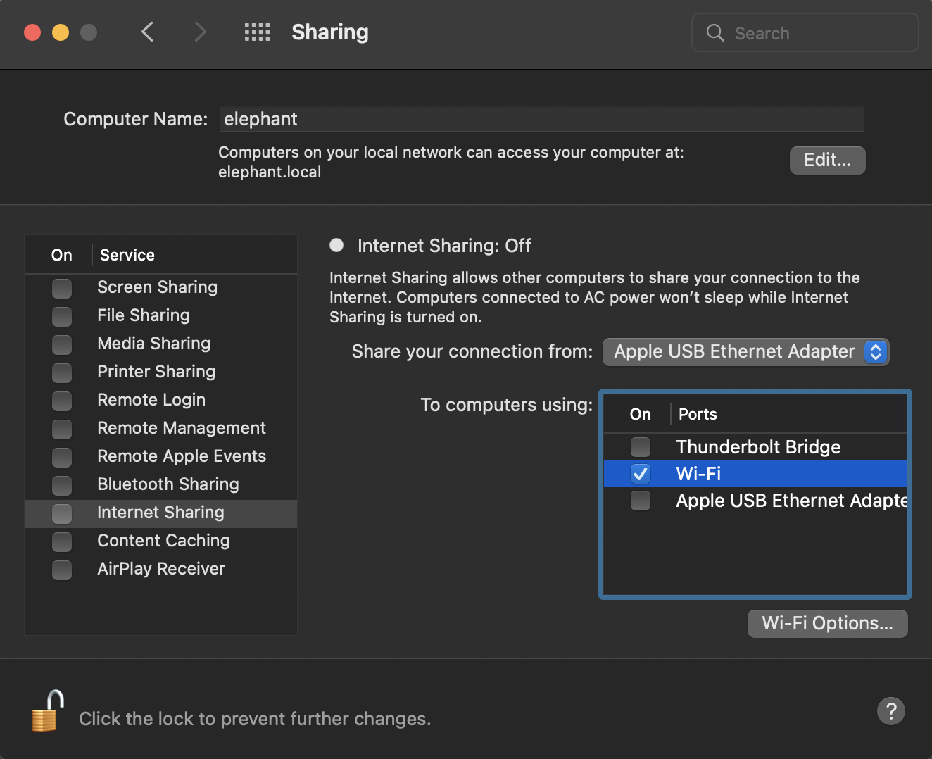 Internet Sharing checkbox in the service list