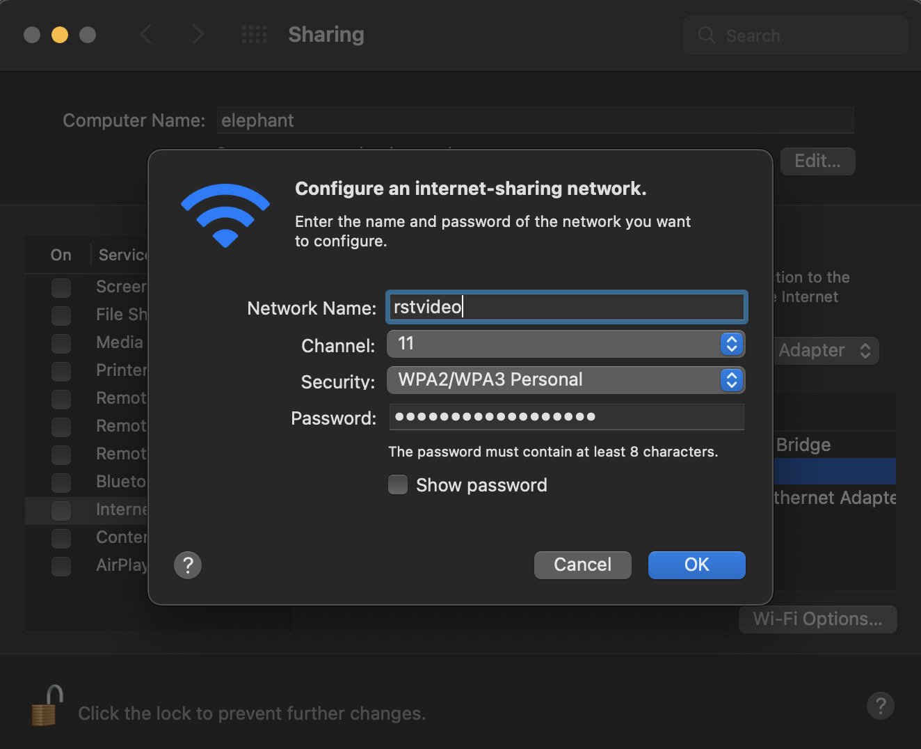 Sharing window showing Internet Sharing enabled with green indicator