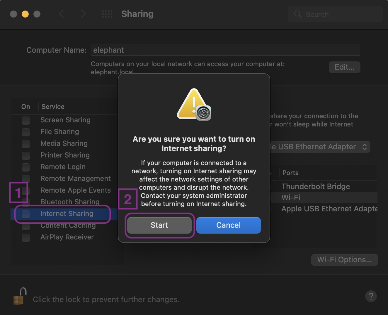 Internet Sharing turned off in the service list