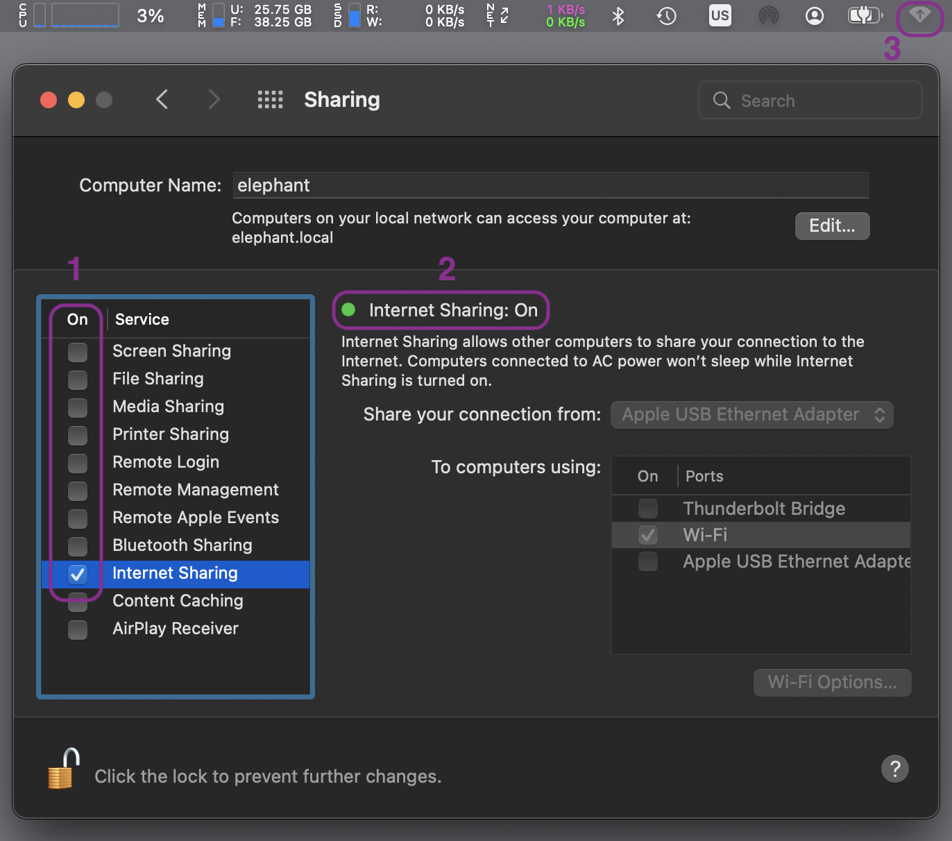 Sharing preferences with Internet Sharing unchecked