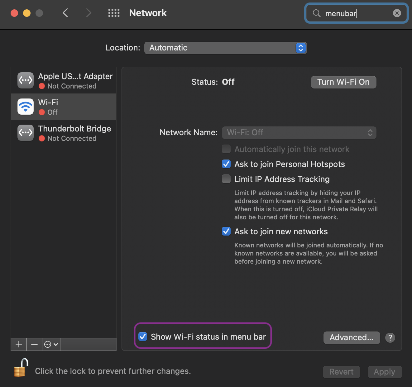 Turn Wi-Fi On button